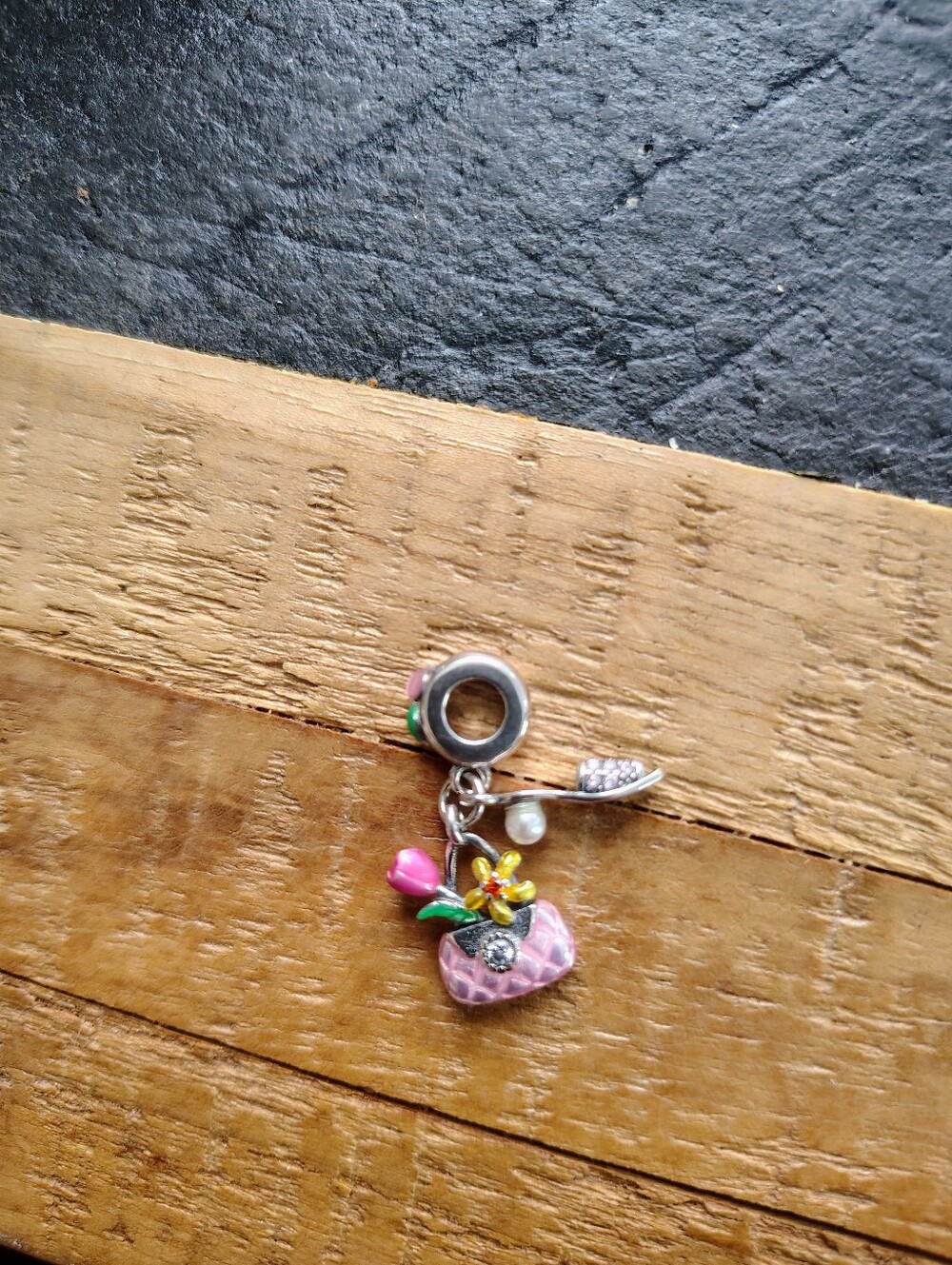 Sterling Silver Pink Floral Basket Dangle Charm